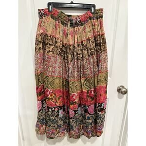 Take Two Broomstick Maxi Skirt Womens Sz 1X Tan Pink Lined Boho Gypsy Bells
